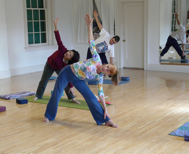 the class practices triangle pose